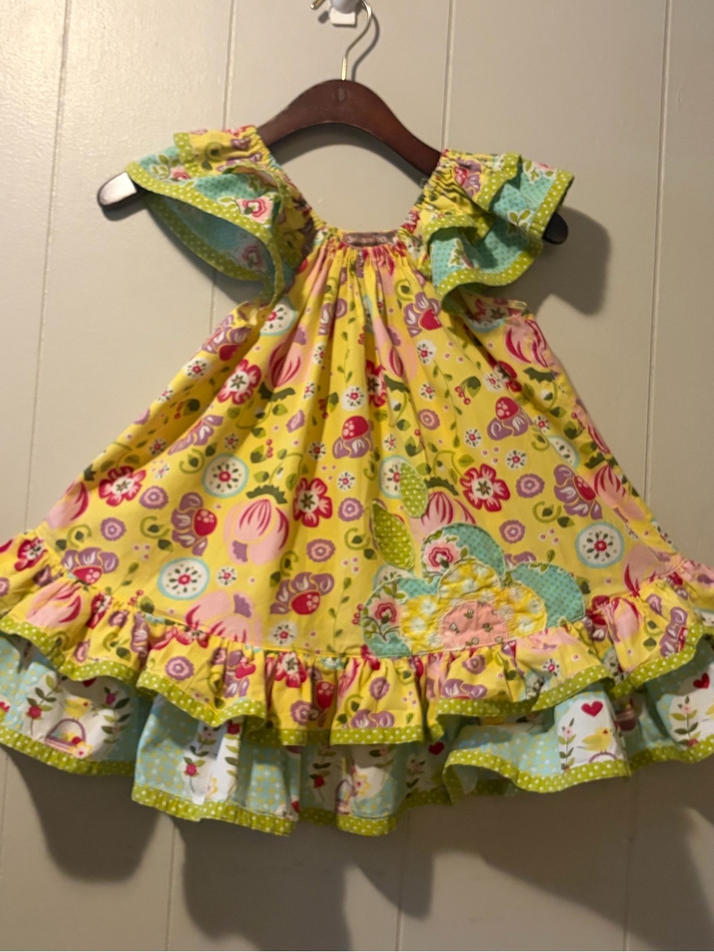Jelly The Pug Yellow Floral Ruffled Sundress with Pink, Red & Green Accents